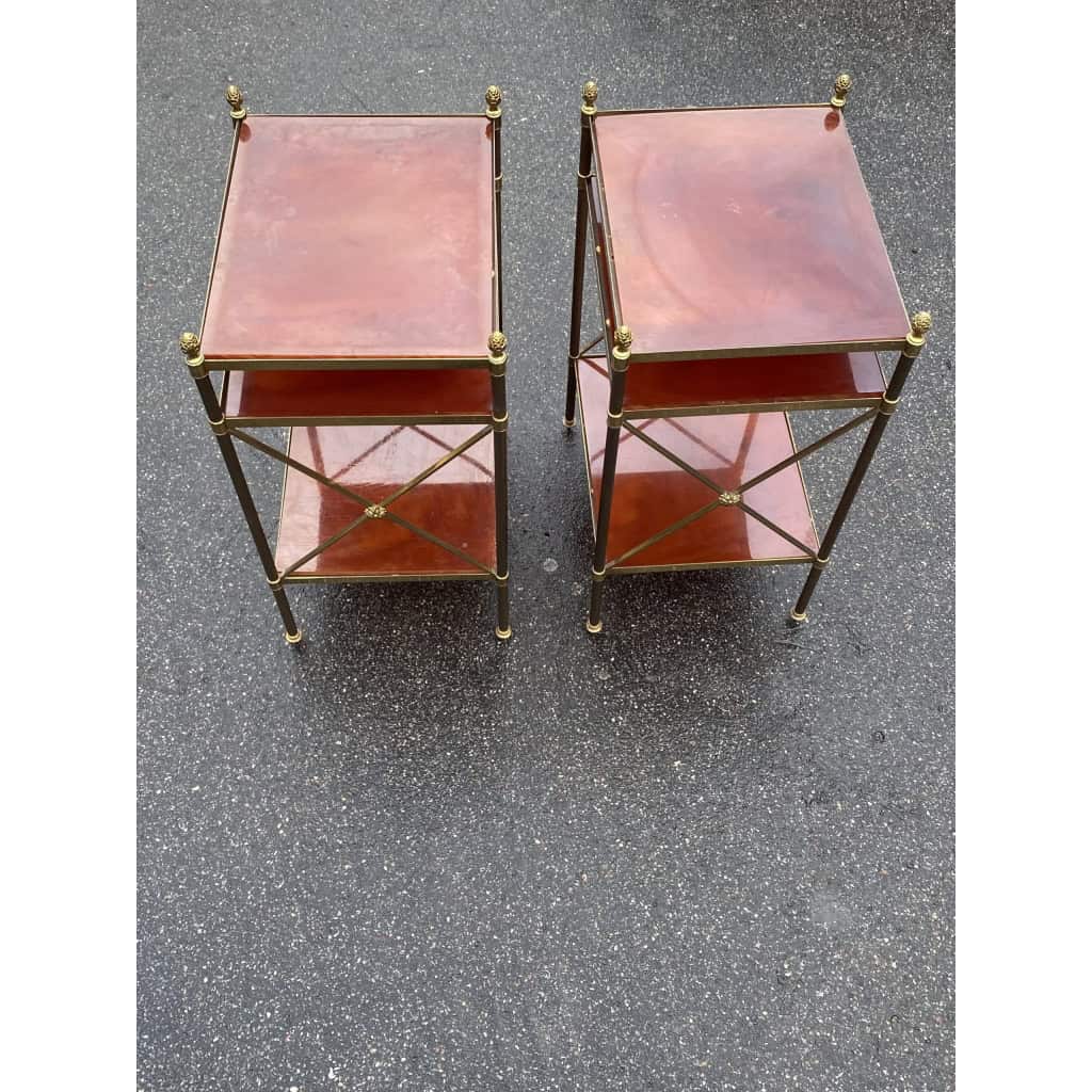 1950/70′ Paire d’Étagères en Laiton à 3 Niveaux Bakélite Maison Baguès à Croisillons avec Pâquerettes | Biron 1950/70′ Paire d’Étagères en Laiton à 3 Niveaux Bakélite Maison Baguès à Croisillons avec Pâquerettes