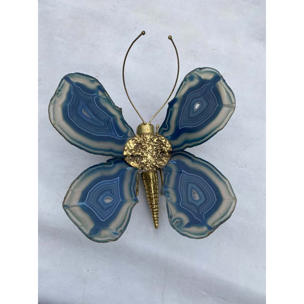 1970’ Applique Papillon en Bronze ou Laiton, Duval Brasseur Ou Isabelle Faure, 1 Ampoule , Ailes d’Agate Bleues | Biron ||||||||||||