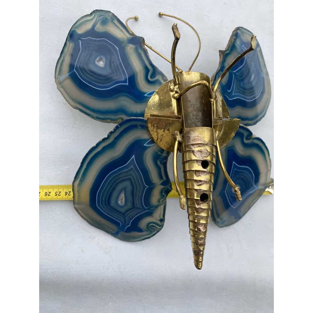 1970’ Applique Papillon en Bronze ou Laiton, Duval Brasseur Ou Isabelle Faure, 1 Ampoule , Ailes d’Agate Bleues | Biron 1970’ Applique Papillon en Bronze ou Laiton, Duval Brasseur Ou Isabelle Faure, 1 Ampoule , Ailes d’Agate Bleues