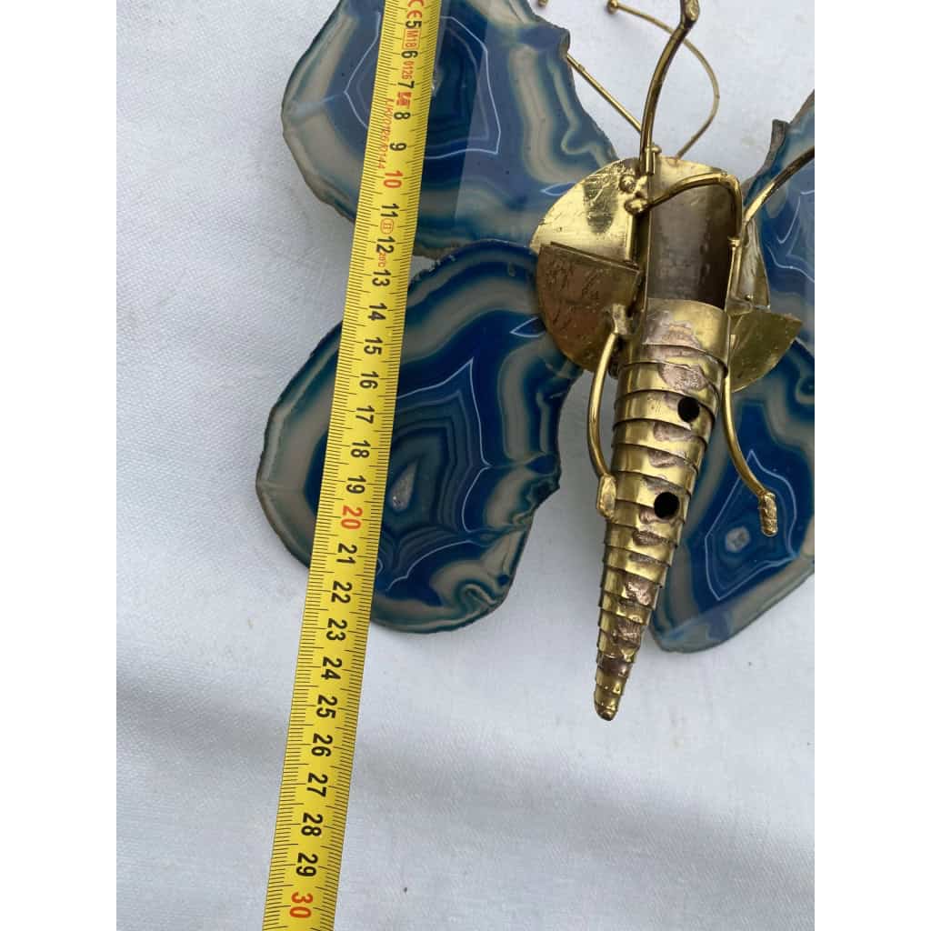 1970’ Applique Papillon en Bronze ou Laiton, Duval Brasseur Ou Isabelle Faure, 1 Ampoule , Ailes d’Agate Bleues | Biron 1970’ Applique Papillon en Bronze ou Laiton, Duval Brasseur Ou Isabelle Faure, 1 Ampoule , Ailes d’Agate Bleues