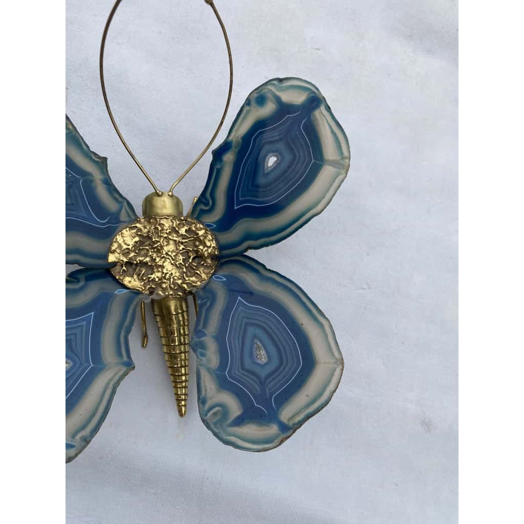1970’ Applique Papillon en Bronze ou Laiton, Duval Brasseur Ou Isabelle Faure, 1 Ampoule , Ailes d’Agate Bleues | Biron 1970’ Applique Papillon en Bronze ou Laiton, Duval Brasseur Ou Isabelle Faure, 1 Ampoule , Ailes d’Agate Bleues