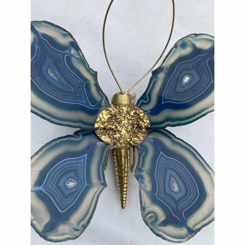 1970’ Applique Papillon en Bronze ou Laiton, Duval Brasseur Ou Isabelle Faure, 1 Ampoule , Ailes d’Agate Bleues | Biron 1970’ Applique Papillon en Bronze ou Laiton, Duval Brasseur Ou Isabelle Faure, 1 Ampoule , Ailes d’Agate Bleues