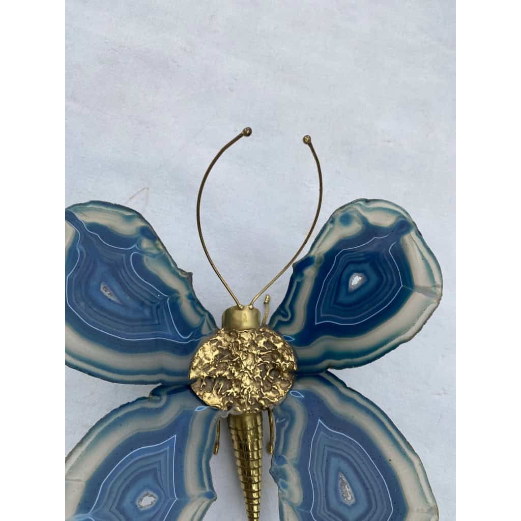 1970’ Applique Papillon en Bronze ou Laiton, Duval Brasseur Ou Isabelle Faure, 1 Ampoule , Ailes d’Agate Bleues | Biron 1970’ Applique Papillon en Bronze ou Laiton, Duval Brasseur Ou Isabelle Faure, 1 Ampoule , Ailes d’Agate Bleues