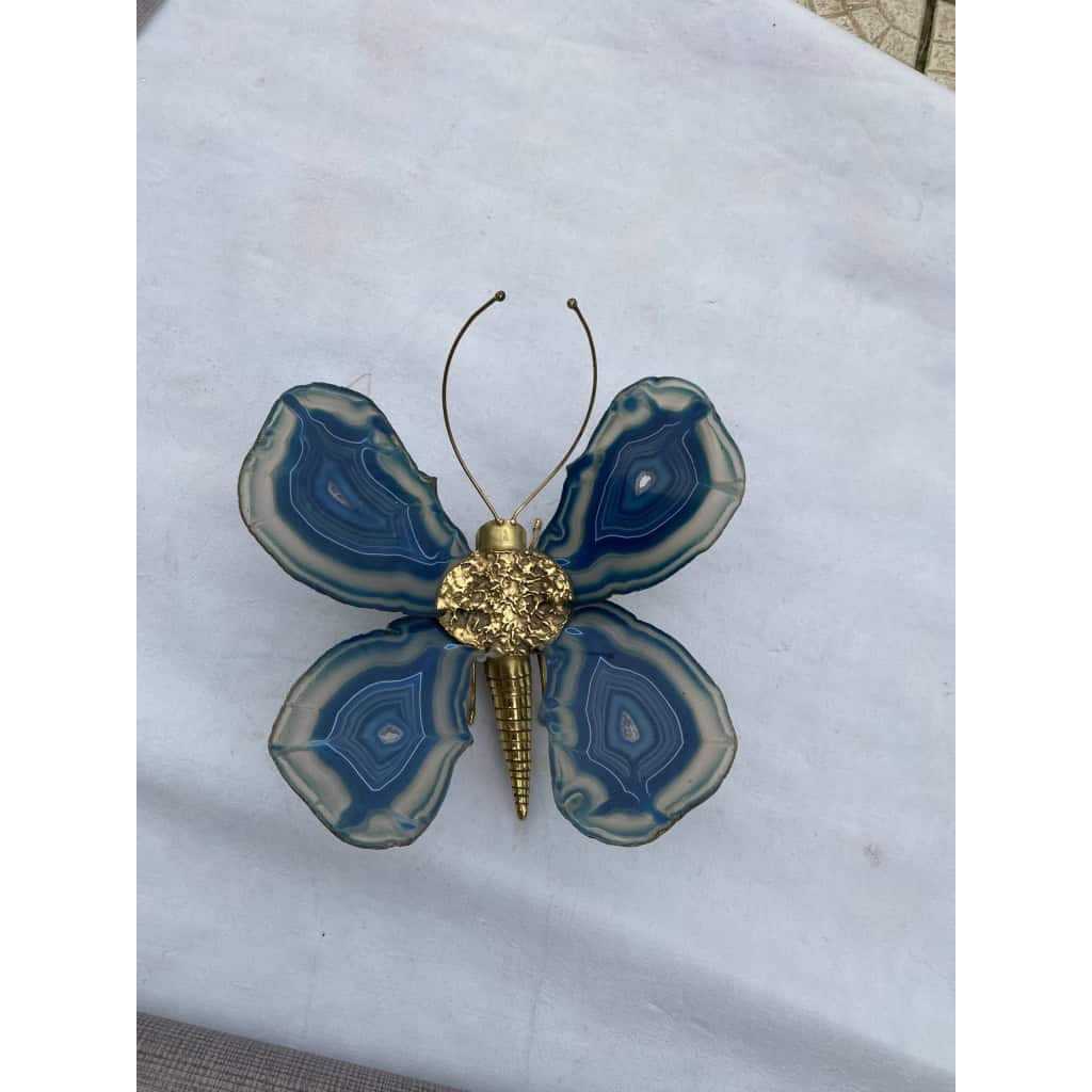 1970’ Applique Papillon en Bronze ou Laiton, Duval Brasseur Ou Isabelle Faure, 1 Ampoule , Ailes d’Agate Bleues | Biron 1970’ Applique Papillon en Bronze ou Laiton, Duval Brasseur Ou Isabelle Faure, 1 Ampoule , Ailes d’Agate Bleues