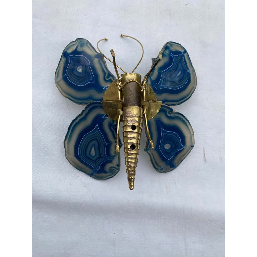1970’ Applique Papillon en Bronze ou Laiton, Duval Brasseur Ou Isabelle Faure, 1 Ampoule , Ailes d’Agate Bleues | Biron 1970’ Applique Papillon en Bronze ou Laiton, Duval Brasseur Ou Isabelle Faure, 1 Ampoule , Ailes d’Agate Bleues