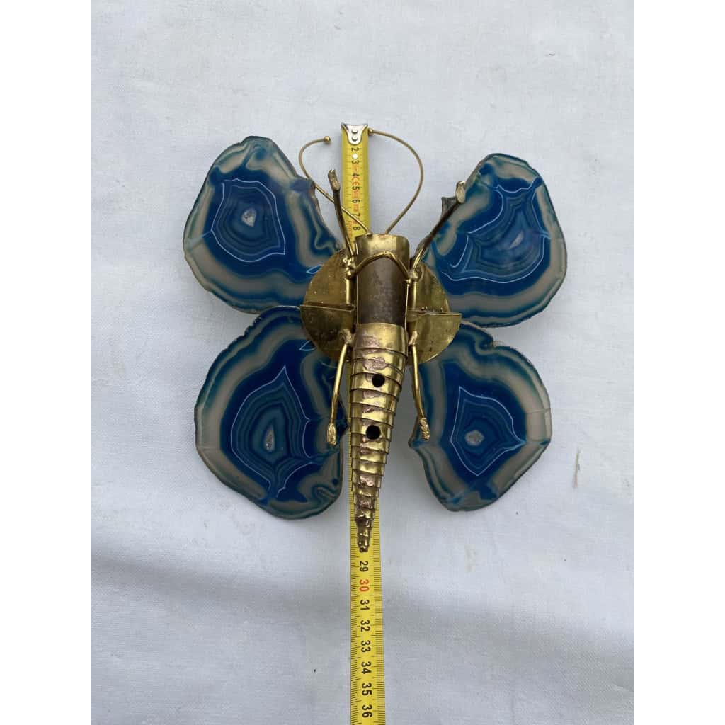 1970’ Applique Papillon en Bronze ou Laiton, Duval Brasseur Ou Isabelle Faure, 1 Ampoule , Ailes d’Agate Bleues | Biron 1970’ Applique Papillon en Bronze ou Laiton, Duval Brasseur Ou Isabelle Faure, 1 Ampoule , Ailes d’Agate Bleues