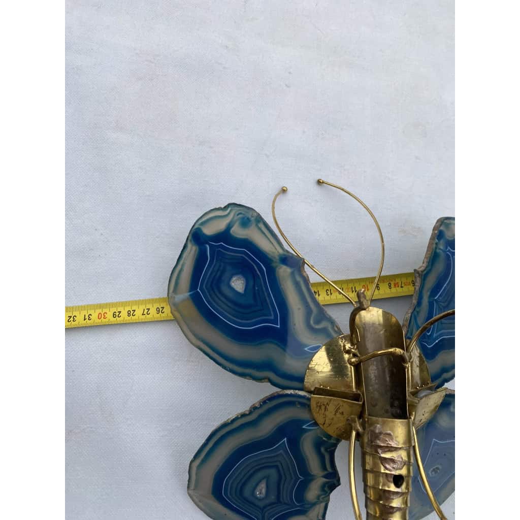 1970’ Applique Papillon en Bronze ou Laiton, Duval Brasseur Ou Isabelle Faure, 1 Ampoule , Ailes d’Agate Bleues | Biron 1970’ Applique Papillon en Bronze ou Laiton, Duval Brasseur Ou Isabelle Faure, 1 Ampoule , Ailes d’Agate Bleues