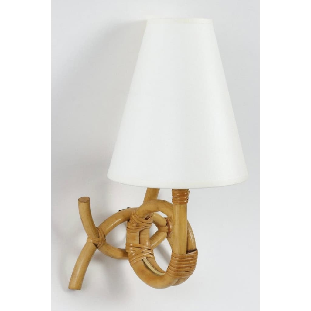 1950 Paire d’appliques en rotin par Louis Sognot | Biron 1950 Paire d'appliques en rotin par Louis Sognot