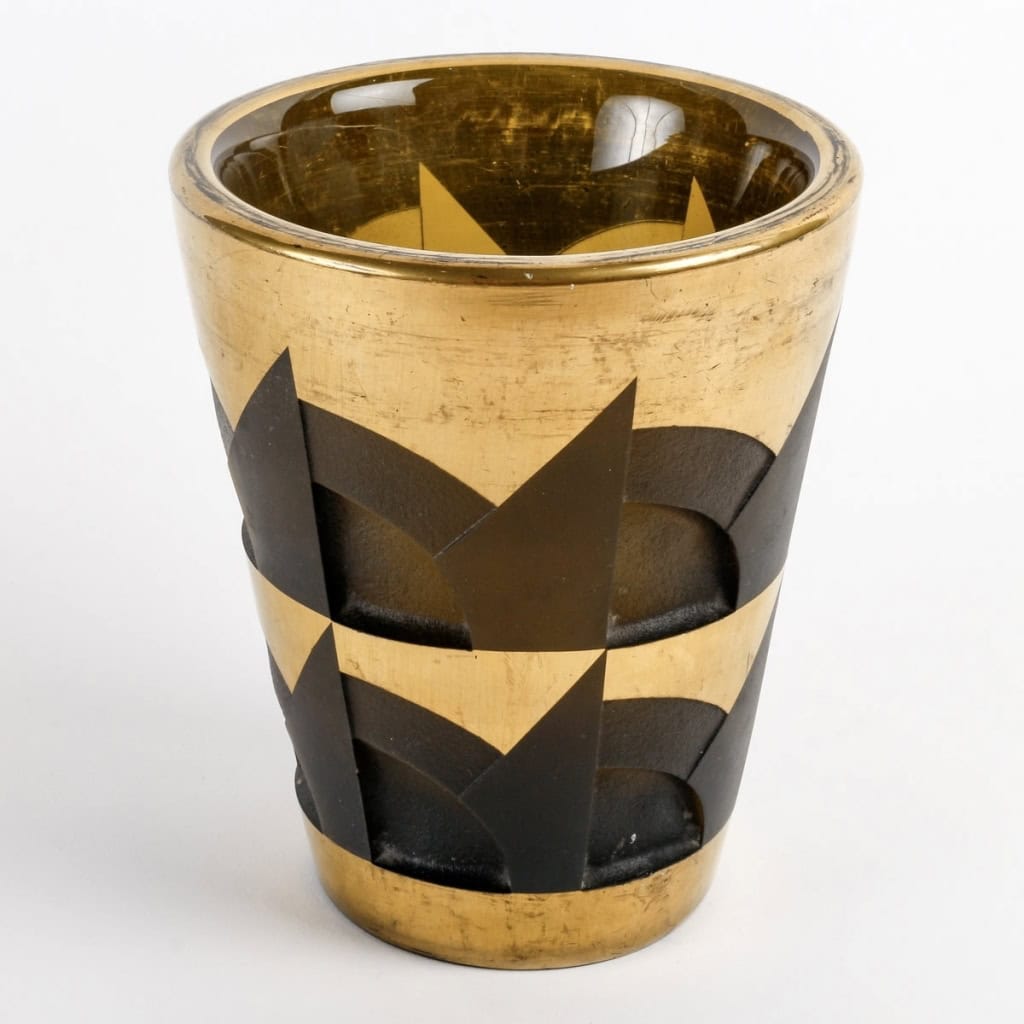 Vase Art-Déco Moderniste verre topaze fumé émaillé doré de Jean LUCE | Biron Vase Art-Déco Moderniste verre topaze fumé émaillé doré de Jean LUCE