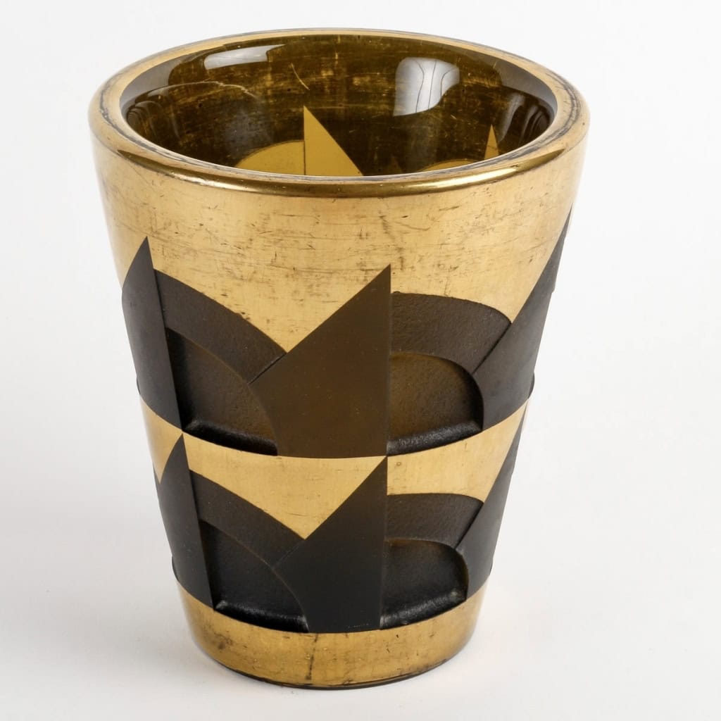 Vase Art-Déco Moderniste verre topaze fumé émaillé doré de Jean LUCE | Biron Vase Art-Déco Moderniste verre topaze fumé émaillé doré de Jean LUCE