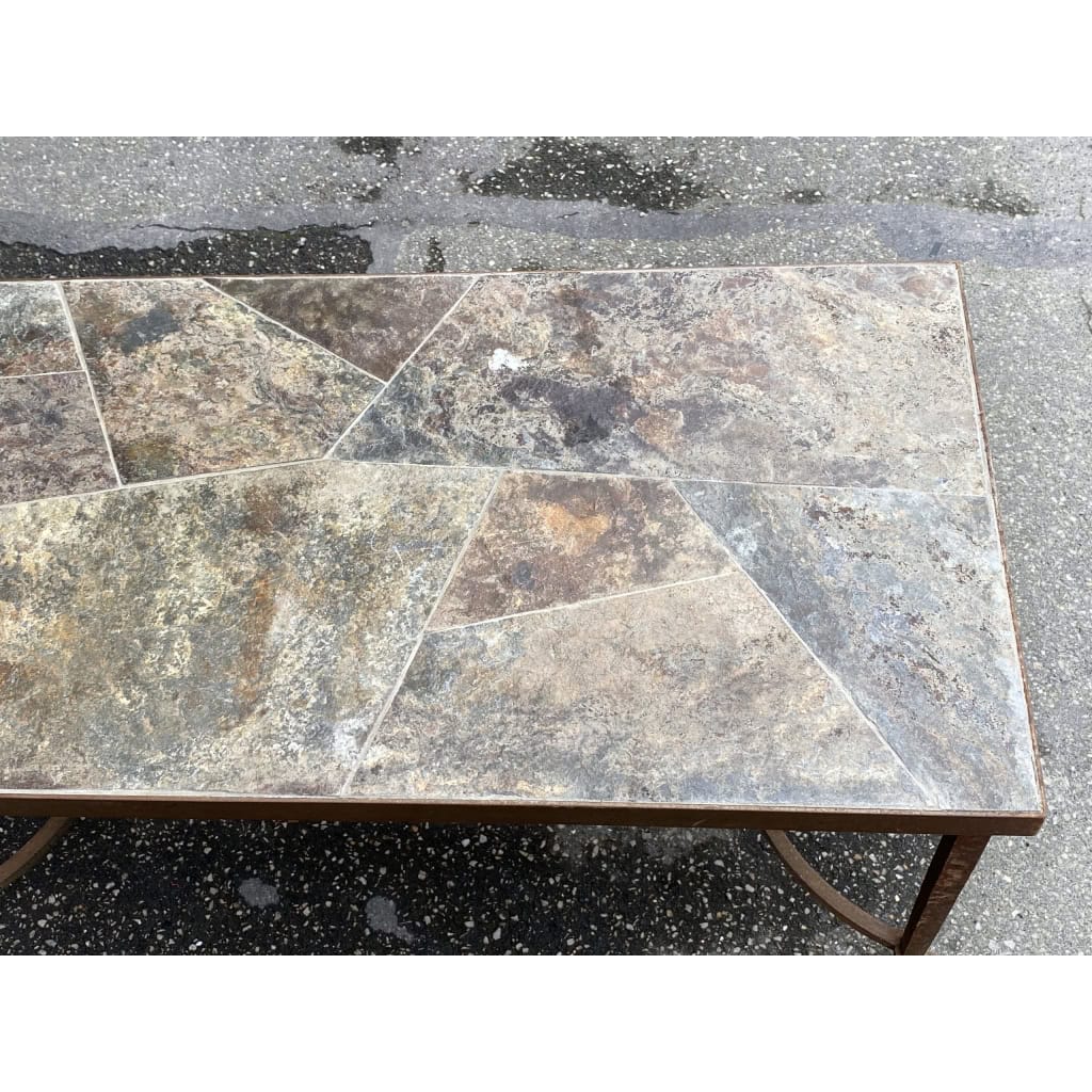 1950/70 Table Basse Fer Forgé Avec Entretoise Plateau Ardoise De Correze