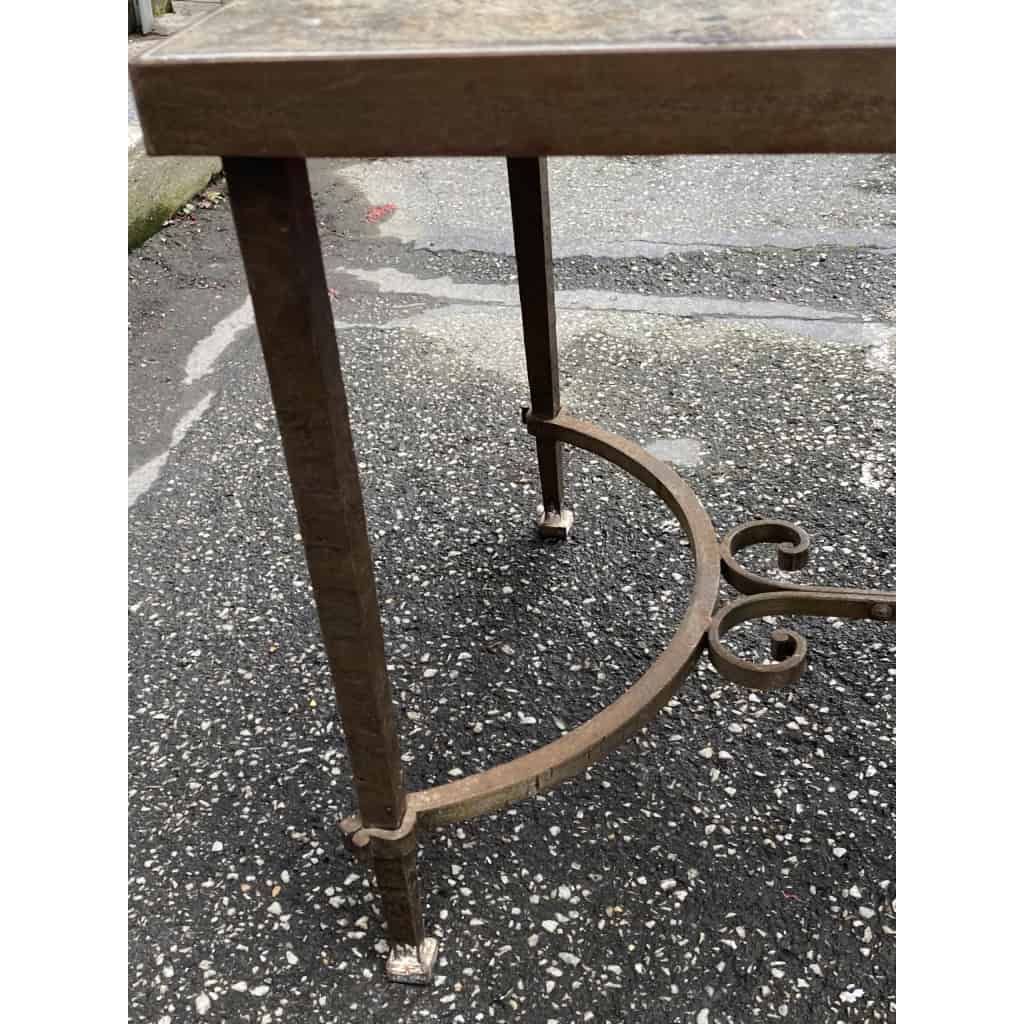 1950/70 Table Basse Fer Forgé Avec Entretoise Plateau Ardoise De Correze