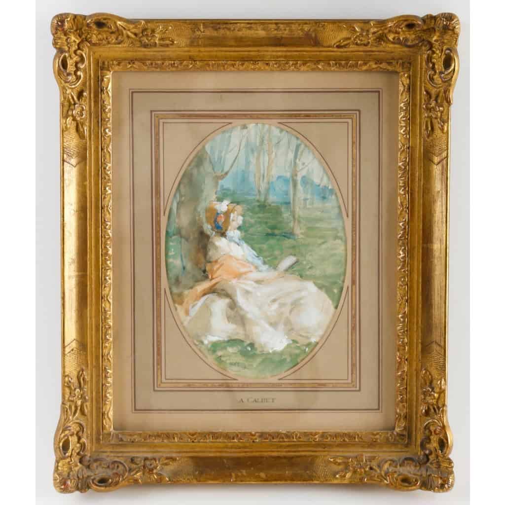 Aquarelle sur carton « La liseuse », d’Antoine Calbet | Biron ||||||