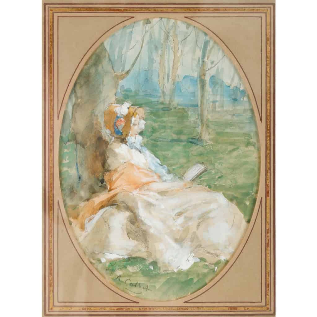 Aquarelle sur carton « La liseuse », d’Antoine Calbet | Biron Aquarelle sur carton "La liseuse", d'Antoine Calbet