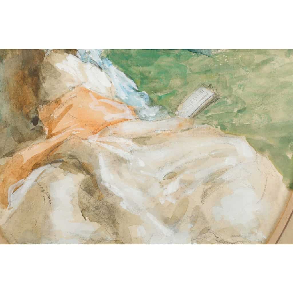 Aquarelle sur carton « La liseuse », d’Antoine Calbet | Biron Aquarelle sur carton "La liseuse", d'Antoine Calbet