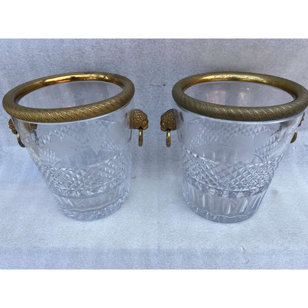 1950-70′ Paire De Seaux à Champagne Cristal St Louis Gravé Aux Attributs de la Vigne et Bronze Doré Aux têtes de Lion 2