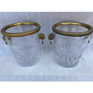 1950-70′ Paire De Seaux à Champagne Cristal St Louis Gravé Aux Attributs de la Vigne et Bronze Doré Aux têtes de Lion