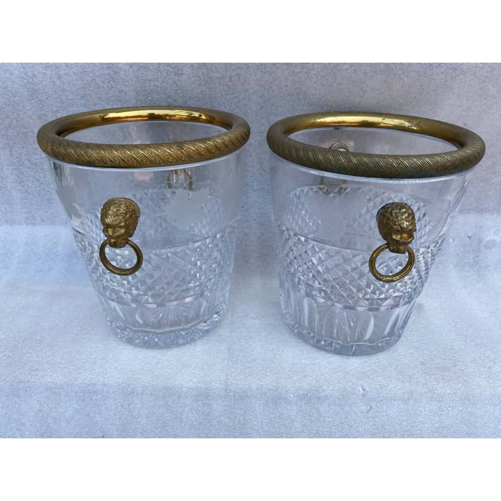 1950-70′ Paire De Seaux à Champagne Cristal St Louis Gravé Aux Attributs de la Vigne et Bronze Doré Aux têtes de Lion 3