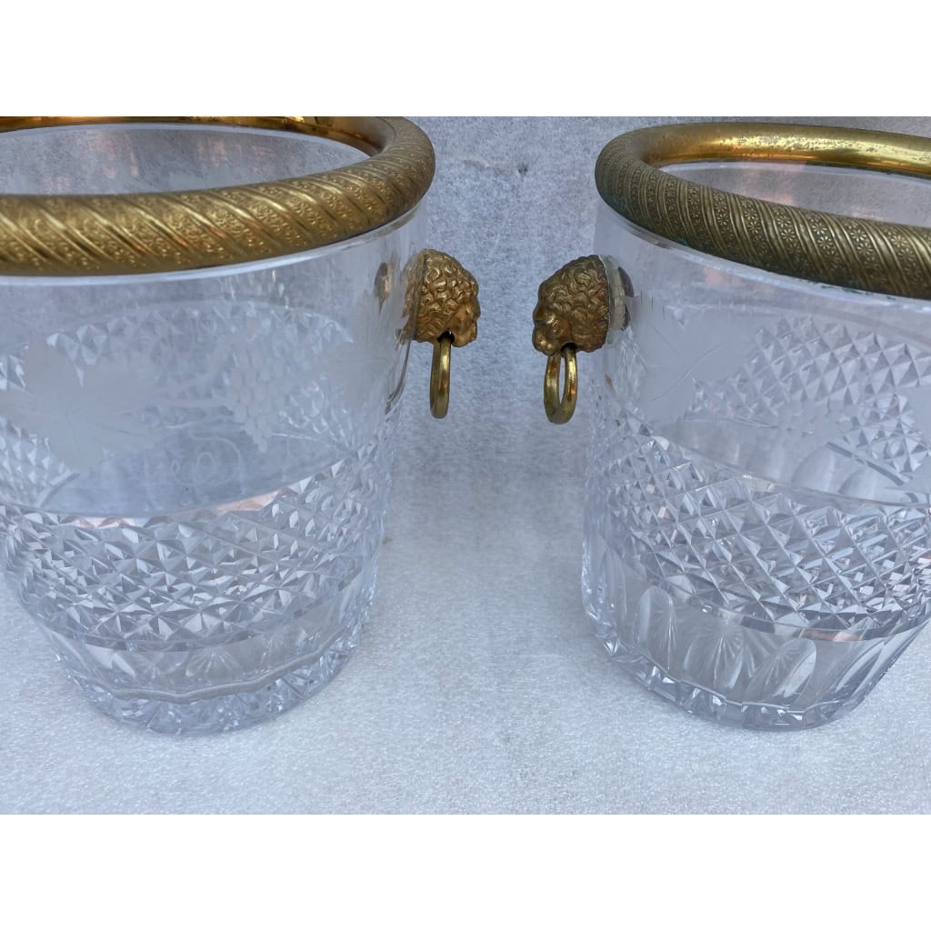 1950-70′ Paire De Seaux à Champagne Cristal St Louis Gravé Aux Attributs de la Vigne et Bronze Doré Aux têtes de Lion 4