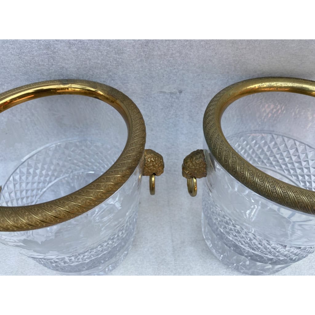 1950-70′ Paire De Seaux à Champagne Cristal St Louis Gravé Aux Attributs de la Vigne et Bronze Doré Aux têtes de Lion 5