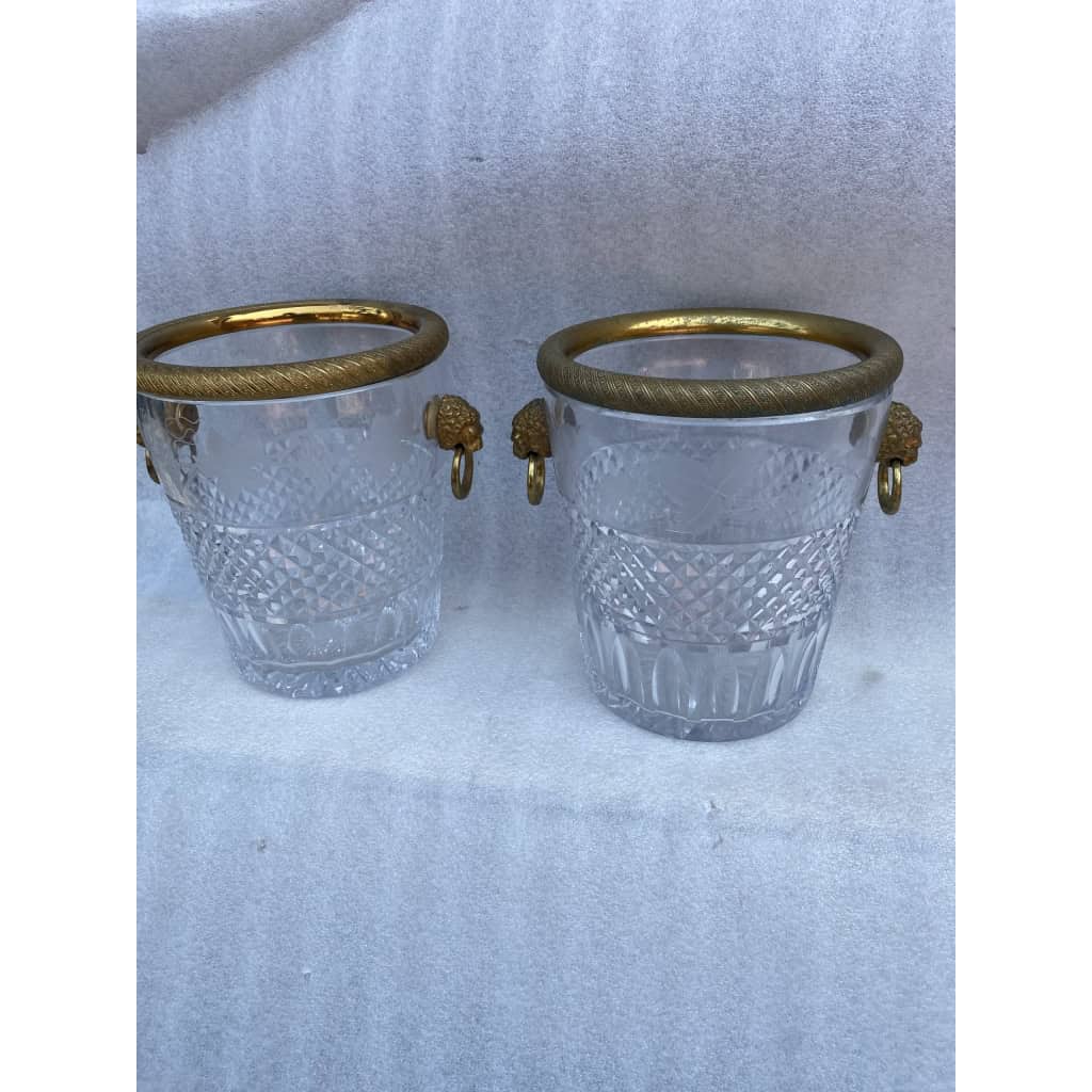 1950-70′ Paire De Seaux à Champagne Cristal St Louis Gravé Aux Attributs de la Vigne et Bronze Doré Aux têtes de Lion 6