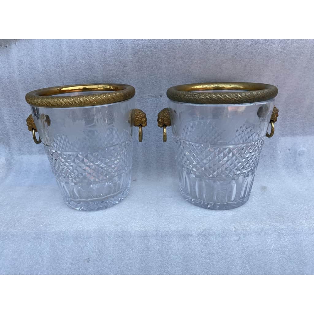 1950-70′ Paire De Seaux à Champagne Cristal St Louis Gravé Aux Attributs de la Vigne et Bronze Doré Aux têtes de Lion 7