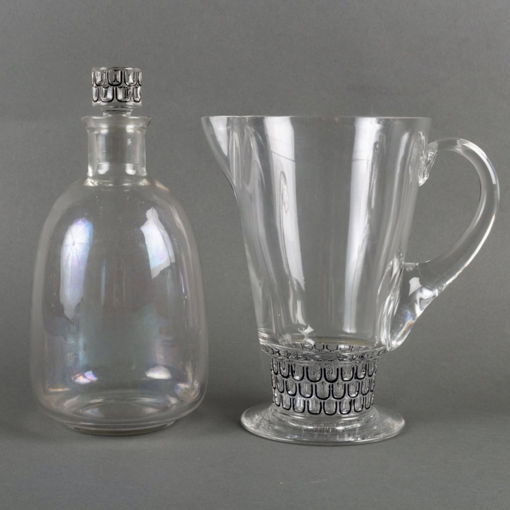Carafe & Broc/Pichet « Saint Nabor » verre blanc émaillé noir de René LALIQUE | Biron |||||||