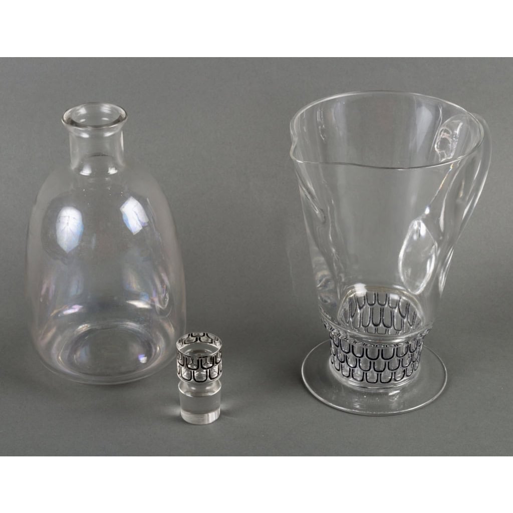 Carafe & Broc/Pichet « Saint Nabor » verre blanc émaillé noir de René LALIQUE | Biron Carafe & Broc/Pichet "Saint Nabor" verre blanc émaillé noir de René LALIQUE