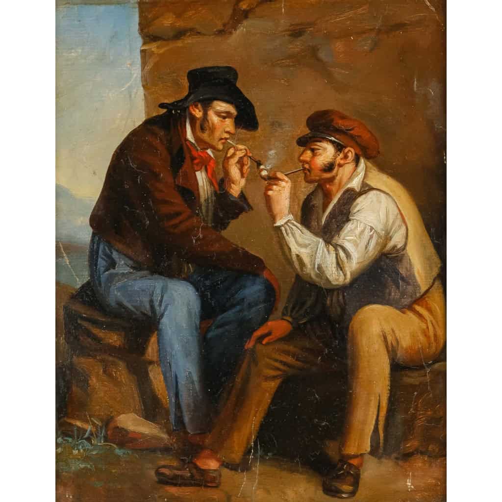 « Deux fumeurs de pipes », tableau XIXème siècle non signé | Biron "Deux fumeurs de pipes", tableau XIXème siècle non signé