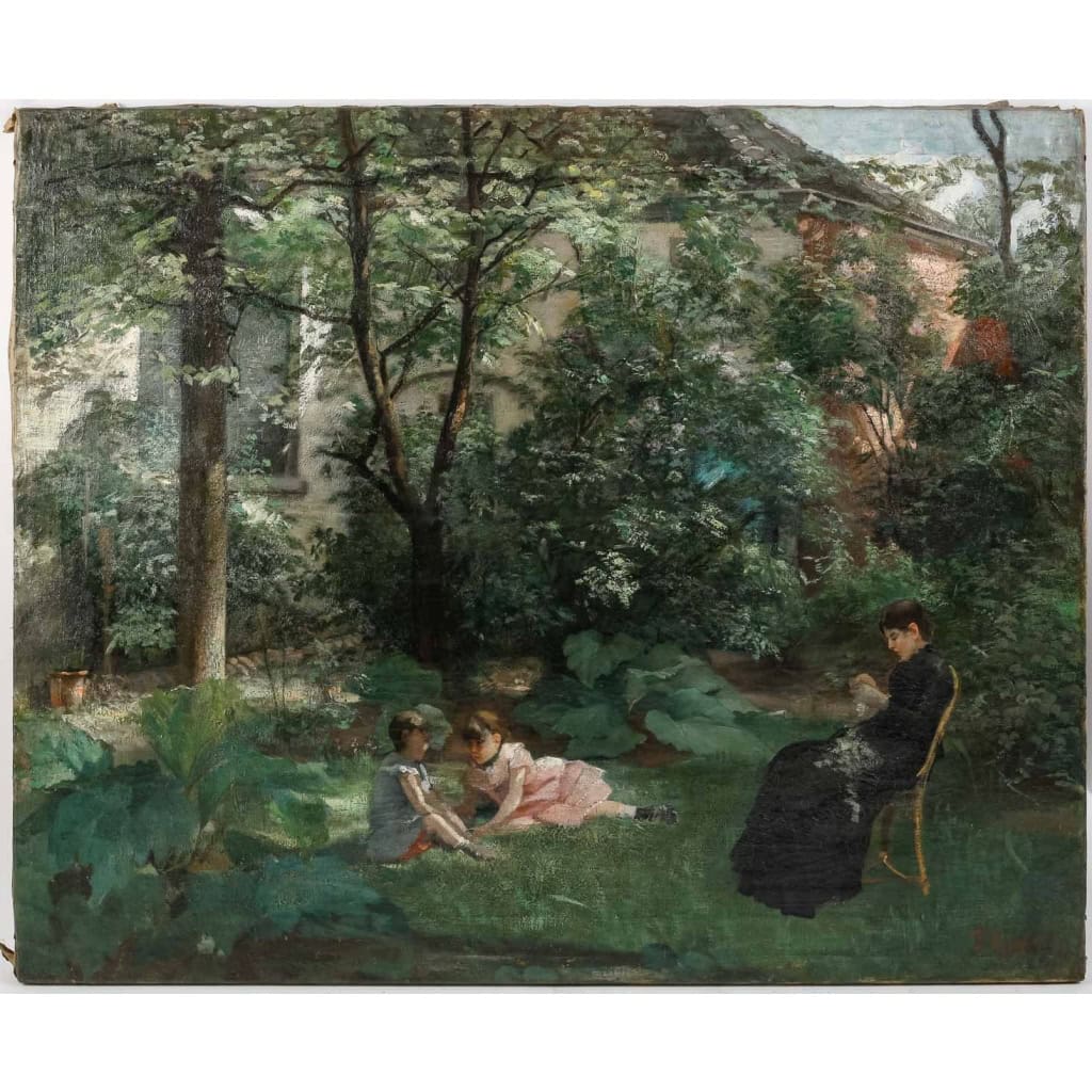 Huile sur toile représentant une femme assise et ses deux enfants dans le jardin signée F. Ringel, vers 1880 | Biron |||||||||