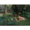 Huile sur toile représentant une femme assise et ses deux enfants dans le jardin signée F. Ringel, vers 1880 | Biron Huile sur toile représentant une femme assise et ses deux enfants dans le jardin signée F. Ringel, vers 1880
