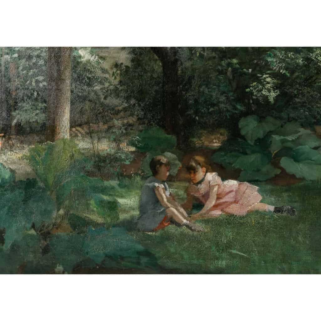 Huile sur toile représentant une femme assise et ses deux enfants dans le jardin signée F. Ringel, vers 1880 | Biron Huile sur toile représentant une femme assise et ses deux enfants dans le jardin signée F. Ringel, vers 1880