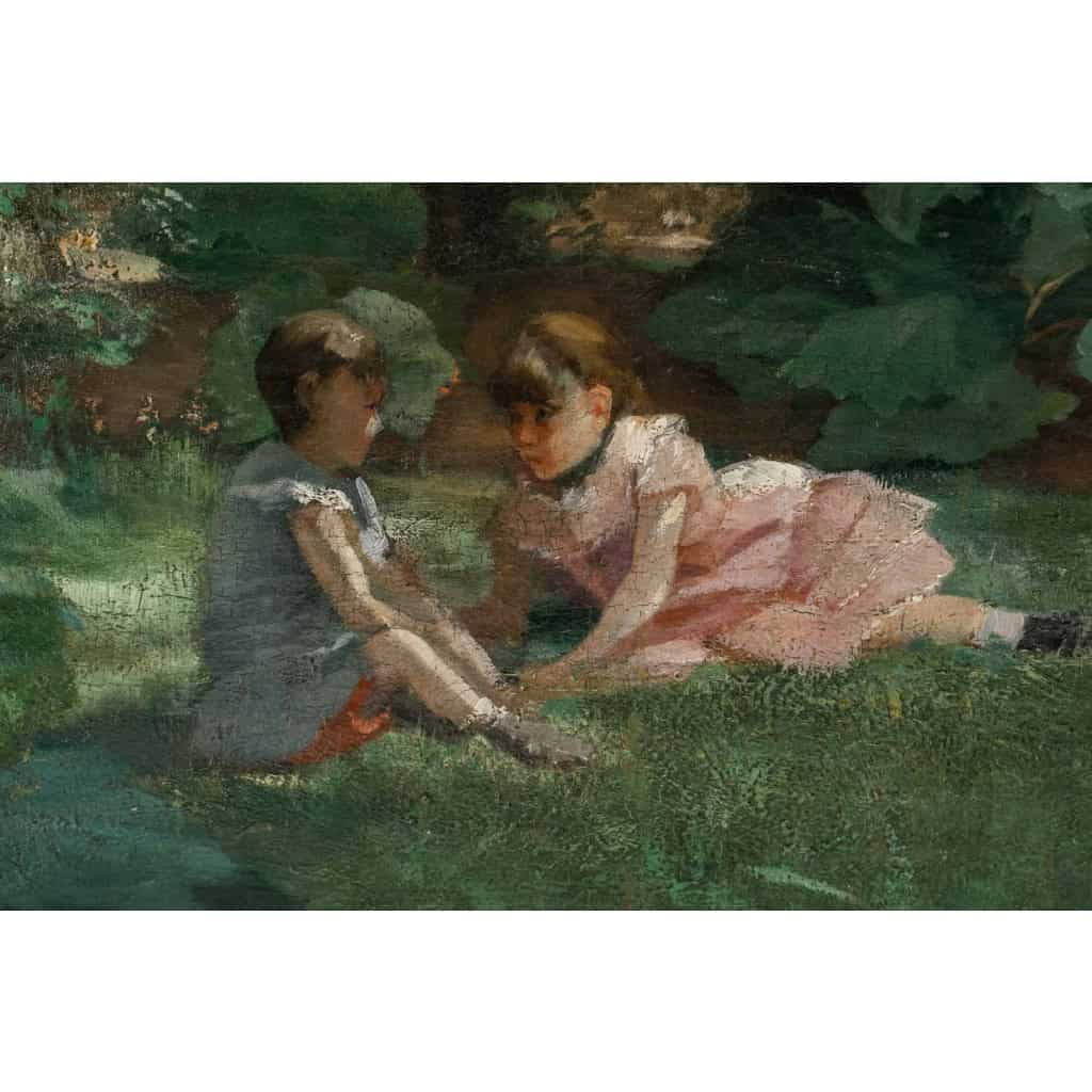 Huile sur toile représentant une femme assise et ses deux enfants dans le jardin signée F. Ringel, vers 1880 | Biron Huile sur toile représentant une femme assise et ses deux enfants dans le jardin signée F. Ringel, vers 1880
