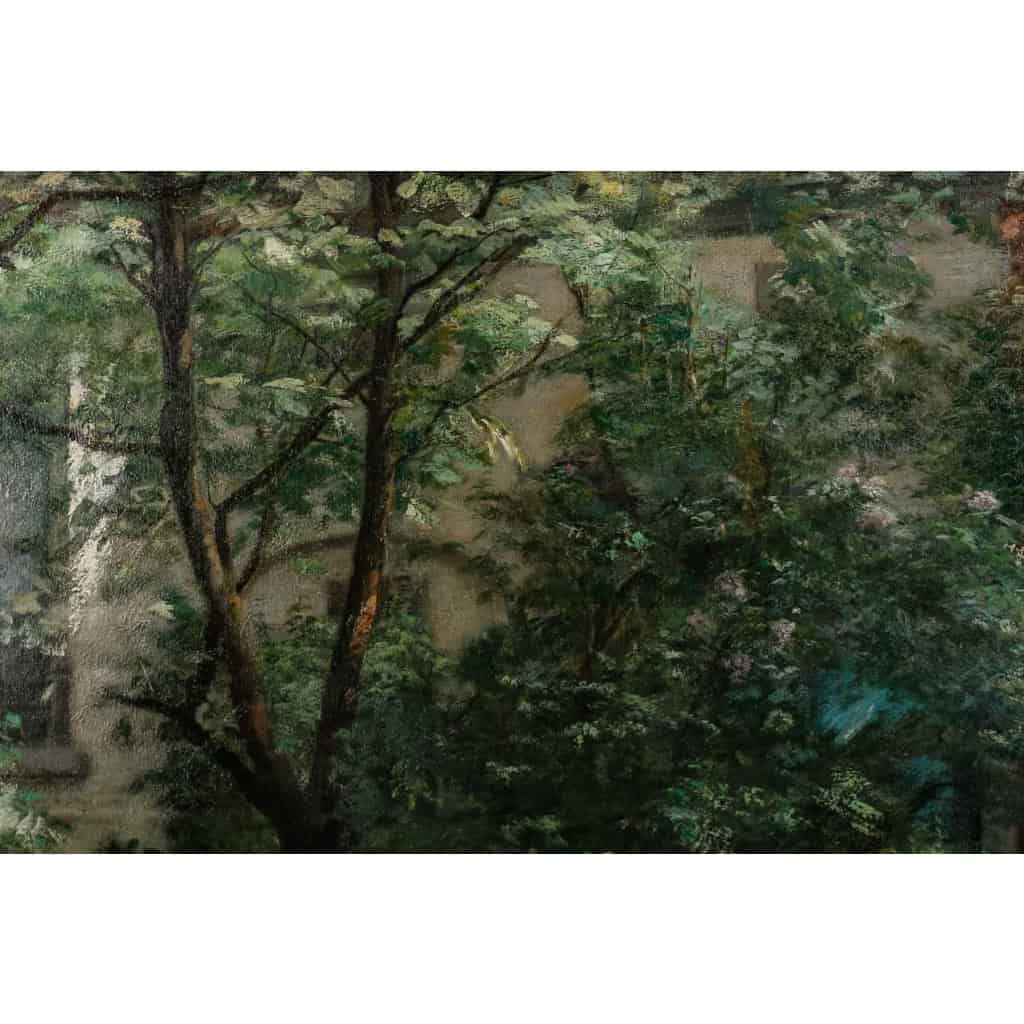 Huile sur toile représentant une femme assise et ses deux enfants dans le jardin signée F. Ringel, vers 1880 | Biron Huile sur toile représentant une femme assise et ses deux enfants dans le jardin signée F. Ringel, vers 1880