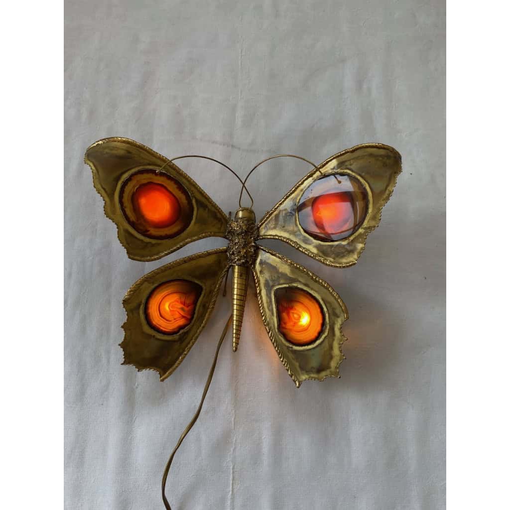 1970’ Applique Papillon en Bronze ou Laiton, Duval Brasseur Ou Isabelle Faure, 4 Ampoules, Ailes d’Agate | Biron |||||||||||