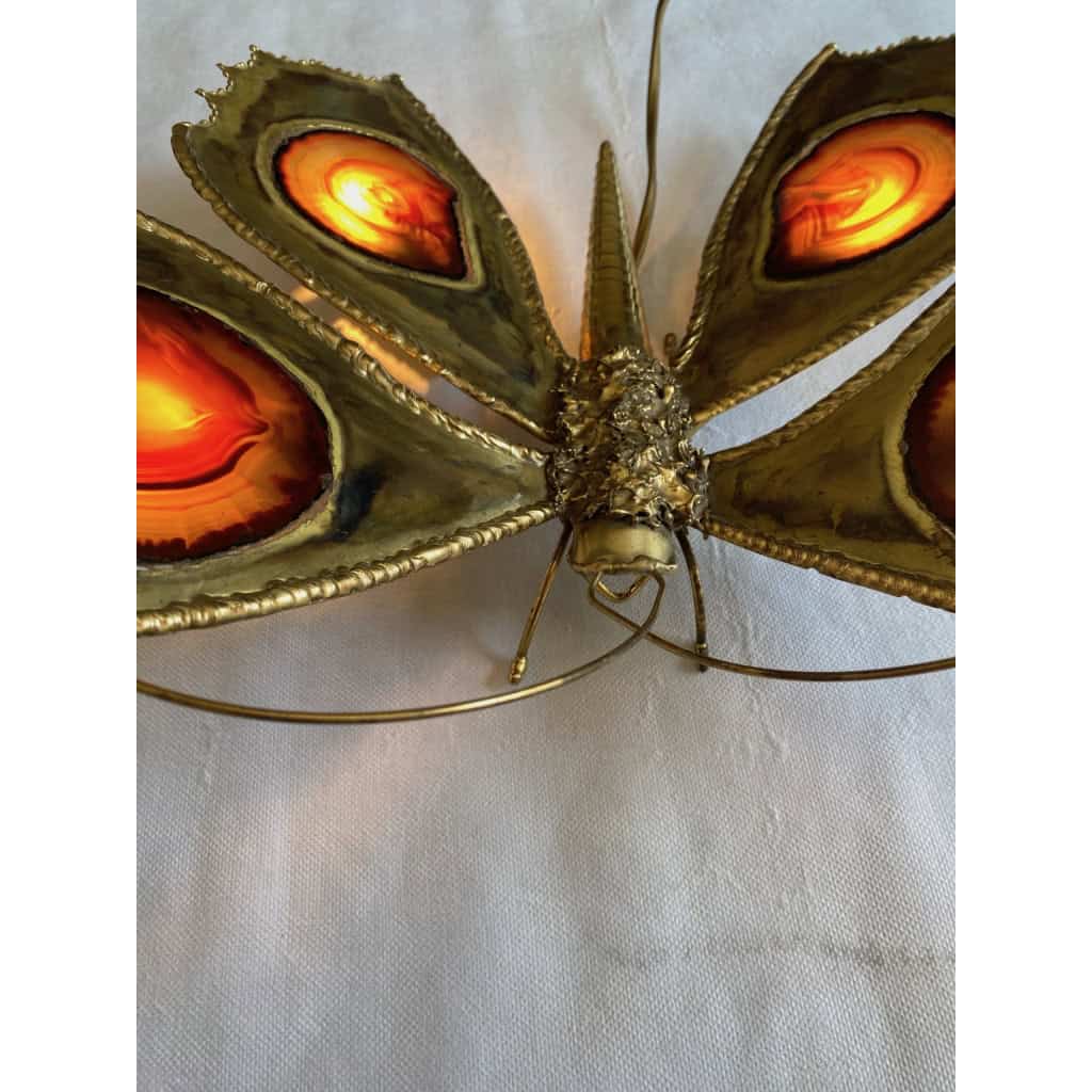 1970’ Applique Papillon en Bronze ou Laiton, Duval Brasseur Ou Isabelle Faure, 4 Ampoules, Ailes d’Agate | Biron 1970’ Applique Papillon en Bronze ou Laiton, Duval Brasseur Ou Isabelle Faure, 4 Ampoules, Ailes d’Agate