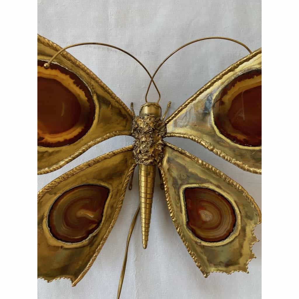 1970’ Applique Papillon en Bronze ou Laiton, Duval Brasseur Ou Isabelle Faure, 4 Ampoules, Ailes d’Agate | Biron 1970’ Applique Papillon en Bronze ou Laiton, Duval Brasseur Ou Isabelle Faure, 4 Ampoules, Ailes d’Agate