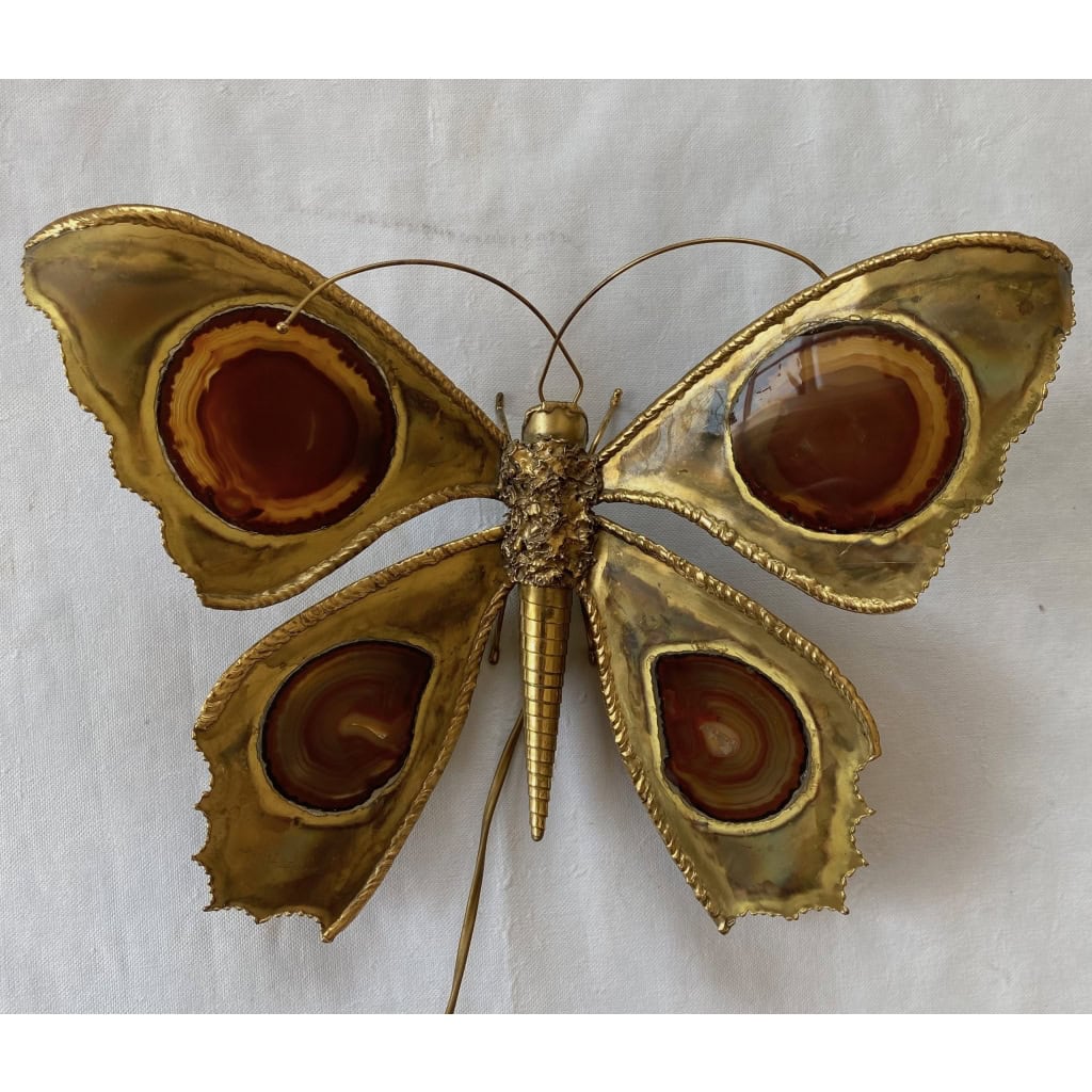 1970’ Applique Papillon en Bronze ou Laiton, Duval Brasseur Ou Isabelle Faure, 4 Ampoules, Ailes d’Agate | Biron 1970’ Applique Papillon en Bronze ou Laiton, Duval Brasseur Ou Isabelle Faure, 4 Ampoules, Ailes d’Agate