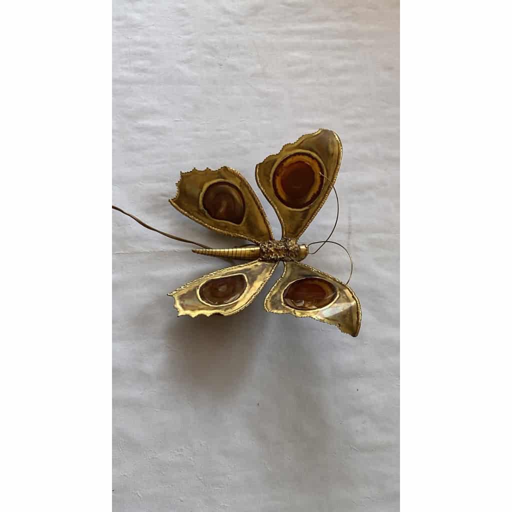 1970’ Applique Papillon en Bronze ou Laiton, Duval Brasseur Ou Isabelle Faure, 4 Ampoules, Ailes d’Agate | Biron 1970’ Applique Papillon en Bronze ou Laiton, Duval Brasseur Ou Isabelle Faure, 4 Ampoules, Ailes d’Agate