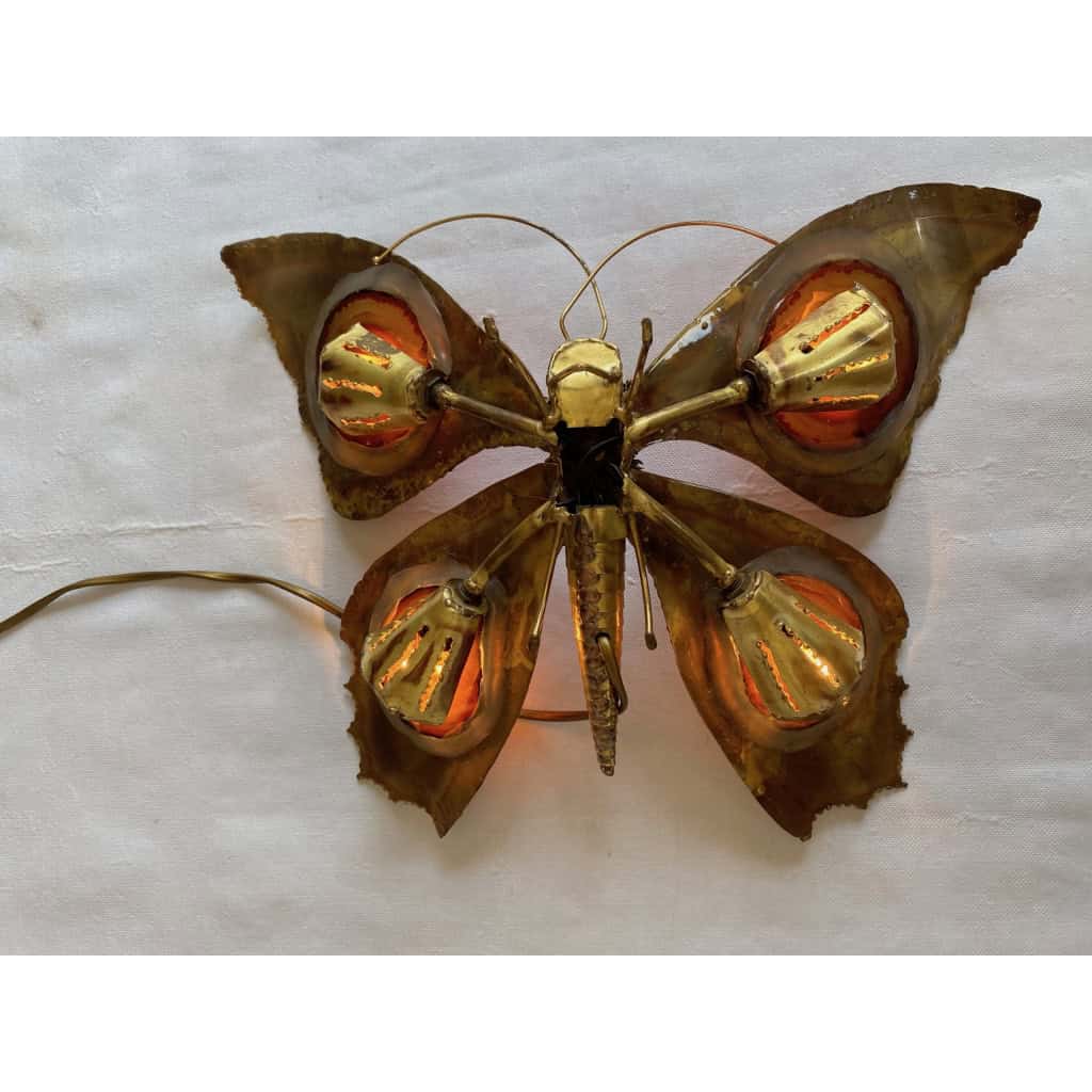 1970’ Applique Papillon en Bronze ou Laiton, Duval Brasseur Ou Isabelle Faure, 4 Ampoules, Ailes d’Agate | Biron 1970’ Applique Papillon en Bronze ou Laiton, Duval Brasseur Ou Isabelle Faure, 4 Ampoules, Ailes d’Agate