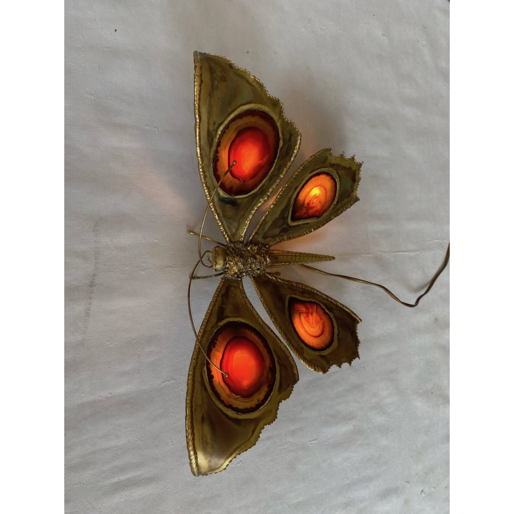 1970’ Applique Papillon en Bronze ou Laiton, Duval Brasseur Ou Isabelle Faure, 4 Ampoules, Ailes d’Agate | Biron 1970’ Applique Papillon en Bronze ou Laiton, Duval Brasseur Ou Isabelle Faure, 4 Ampoules, Ailes d’Agate