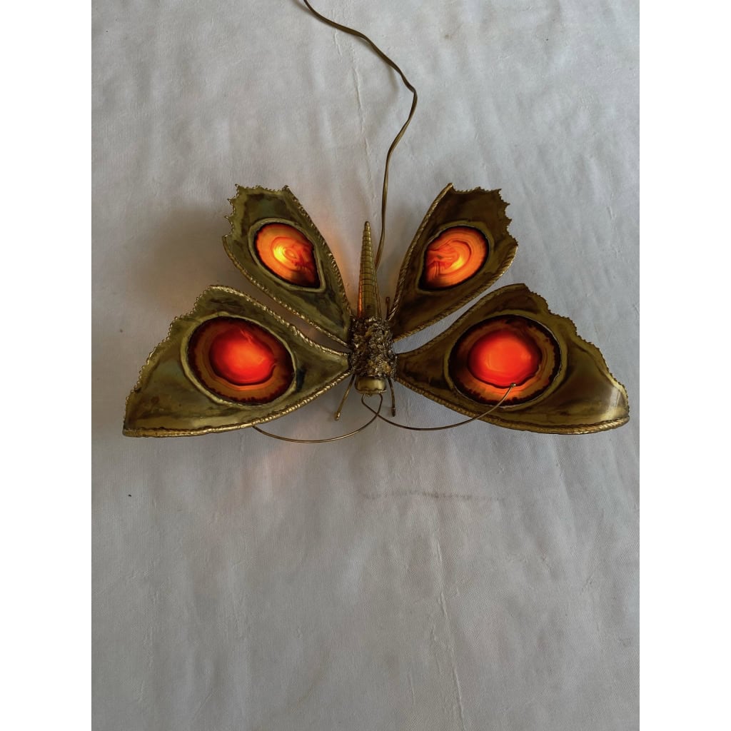 1970’ Applique Papillon en Bronze ou Laiton, Duval Brasseur Ou Isabelle Faure, 4 Ampoules, Ailes d’Agate | Biron 1970’ Applique Papillon en Bronze ou Laiton, Duval Brasseur Ou Isabelle Faure, 4 Ampoules, Ailes d’Agate
