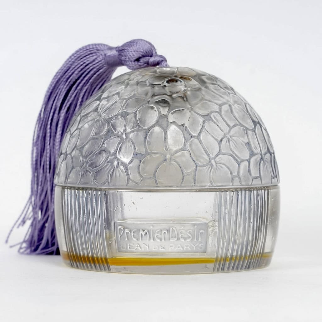 Flacon « Premier Désir » verre blanc patiné bleu de René LALIQUE pour Jean de Parys | Biron |||||||