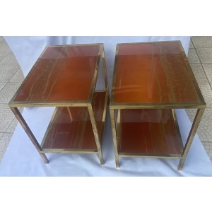 1970′ Paire De Bouts De Canapés à 2 Niveaux Maison Jansen Plateaux Laque Mélaminé Orange Avec Decors A L’Or