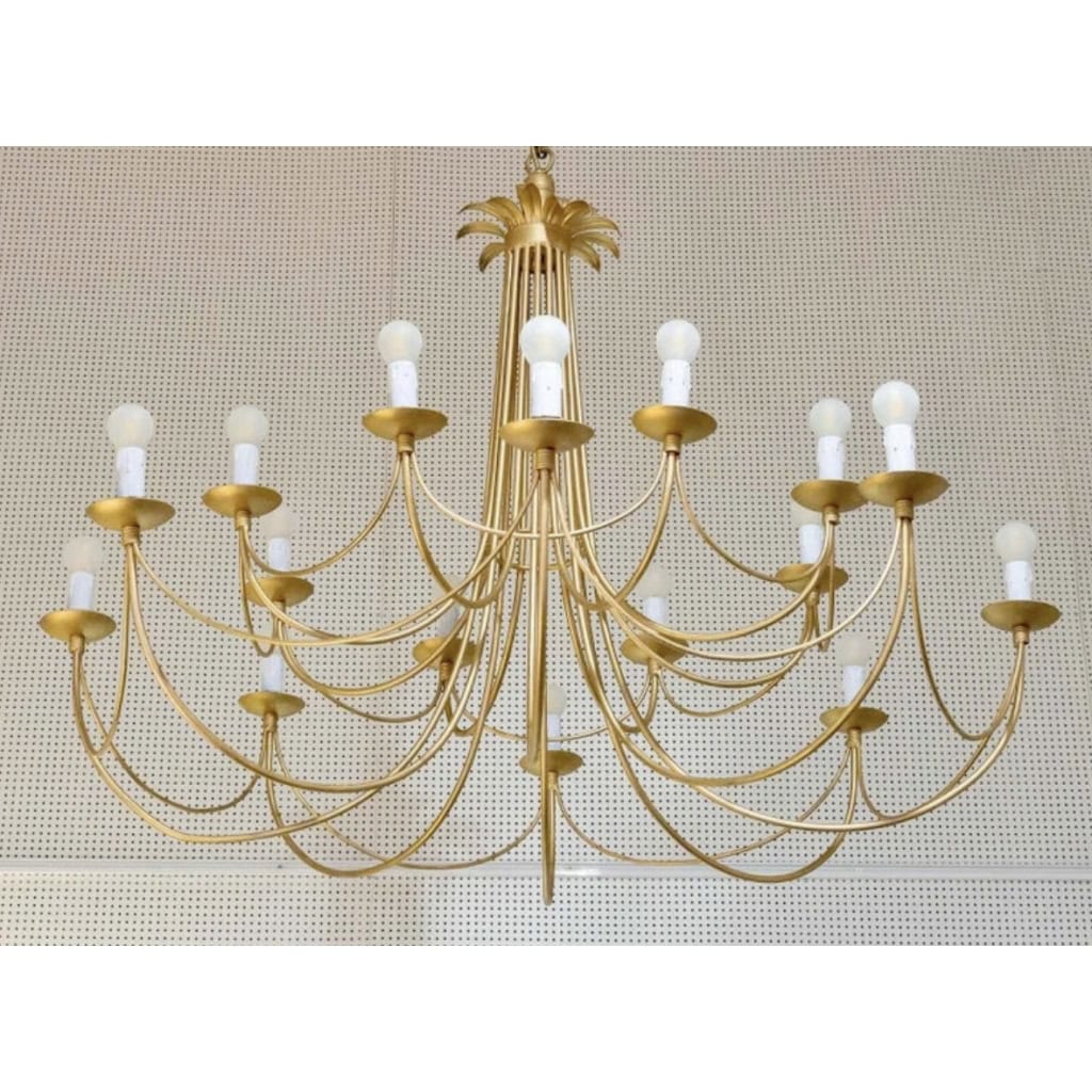 1960 Grand lustre 16 lumières par Maison Roche | Biron 1960 Grand lustre 16 lumières par Maison Roche