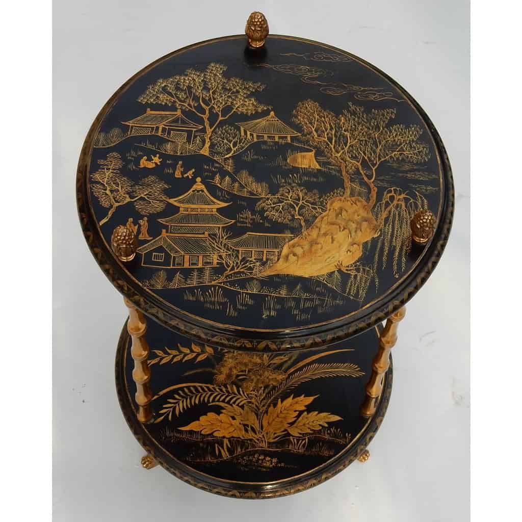 1970′ Guéridon Style Maison Baguès Décor Bambou en Bronze Doré Avec Plateaux Laque de Chine | Biron |||||||||||