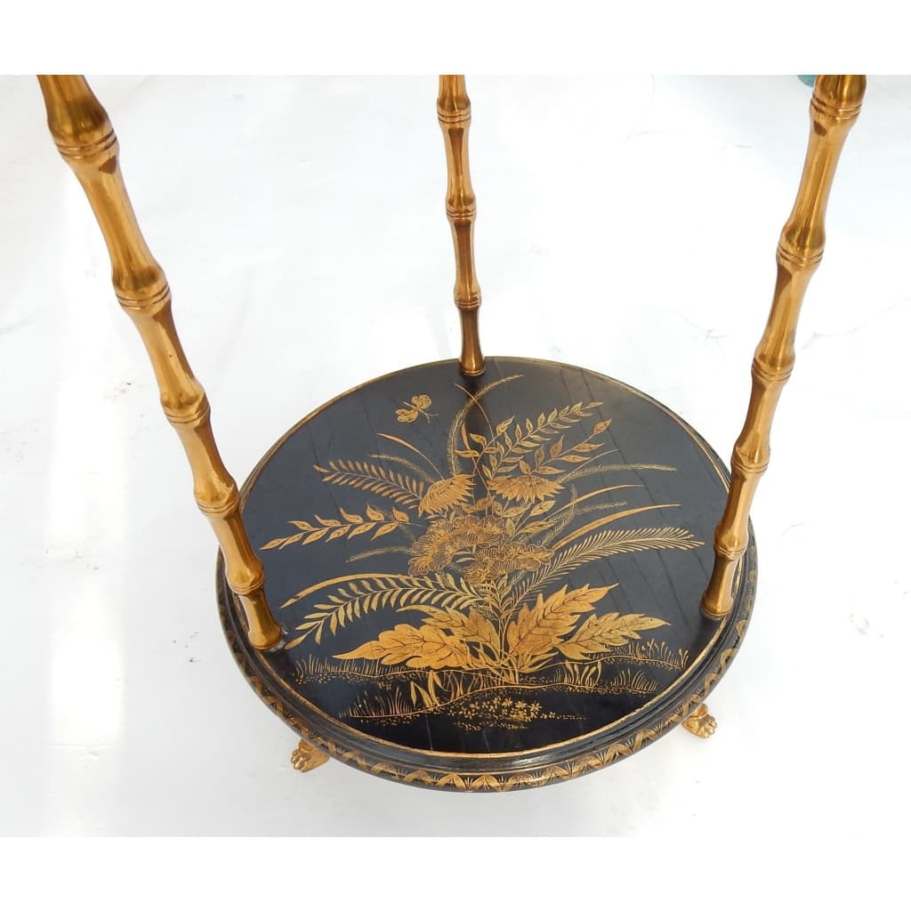 1970′ Guéridon Style Maison Baguès Décor Bambou en Bronze Doré Avec Plateaux Laque de Chine | Biron 1970′ Guéridon Style Maison Baguès Décor Bambou en Bronze Doré Avec Plateaux Laque de Chine