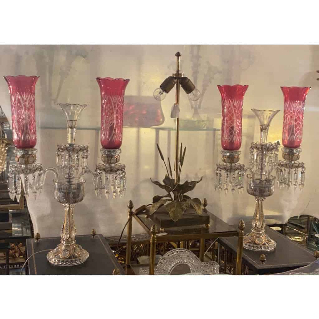 1950′ Paire de Chandeliers Cristal De Bohéme 2 Branches Socles Perlés Et Signés | Biron |||||||||||