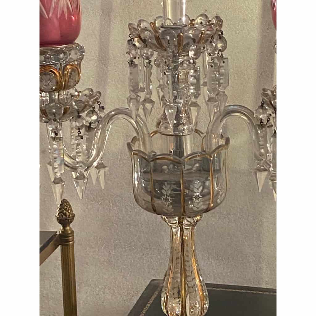 1950′ Paire de Chandeliers Cristal De Bohéme 2 Branches Socles Perlés Et Signés | Biron 1950′ Paire de Chandeliers Cristal De Bohéme 2 Branches Socles Perlés Et Signés