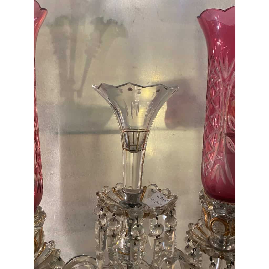 1950′ Paire de Chandeliers Cristal De Bohéme 2 Branches Socles Perlés Et Signés | Biron 1950′ Paire de Chandeliers Cristal De Bohéme 2 Branches Socles Perlés Et Signés